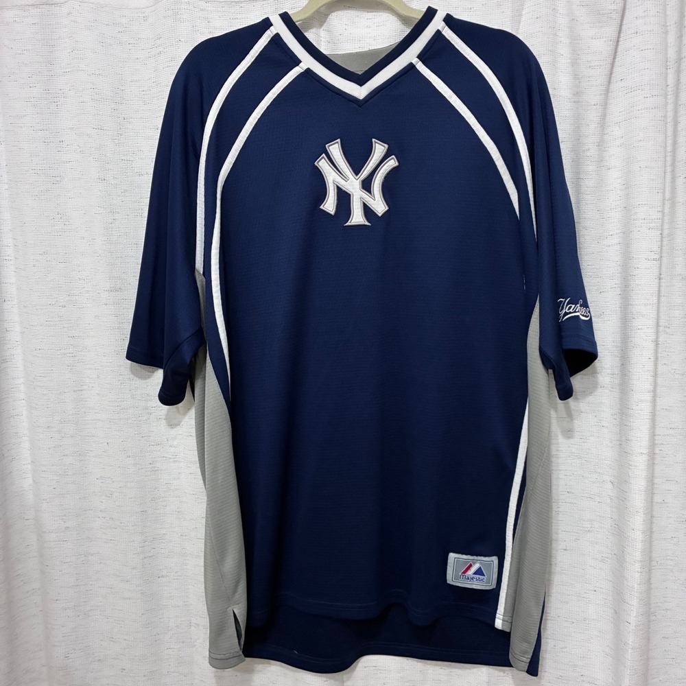 Majestic New York Yankees MLB Jersey Mens 2XL Navy Blue Grey V-Neck Pullover